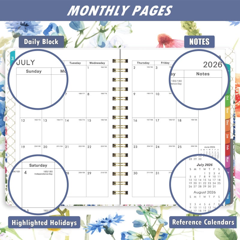 Planrage Planner 2026-2027 - Jul. 2026 - Jun. 2027, Academic Planner 2026-2027, 26-27 Planners Weekly and Monthly with Colorful Tabs, 6.3" x 8.4", Hardcover with Back Pocket + Thick Paper + Twin-Wire Binding - Flowers - Image 4
