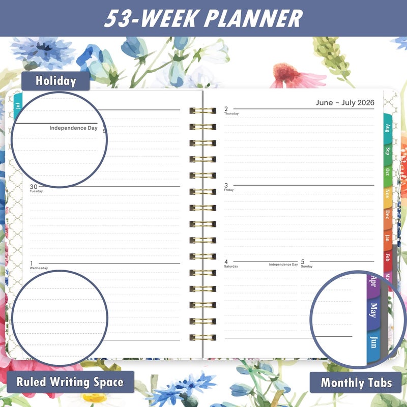 Planrage Planner 2026-2027 - Jul. 2026 - Jun. 2027, Academic Planner 2026-2027, 26-27 Planners Weekly and Monthly with Colorful Tabs, 6.3" x 8.4", Hardcover with Back Pocket + Thick Paper + Twin-Wire Binding - Flowers - Image 3