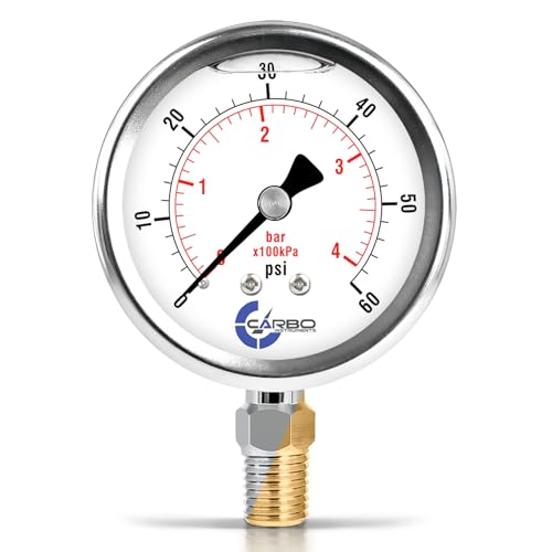 CARBO Instruments Stainless Steel Pressure Gauge Dual Display (0-60 psi/kPa) - 2 1-2" Glycerine Liquid Filled Water Air Oil Gas Gauge with Polycarbonate Lens & Brass Connection - 1/4" NPT Lower Mount - Image 1