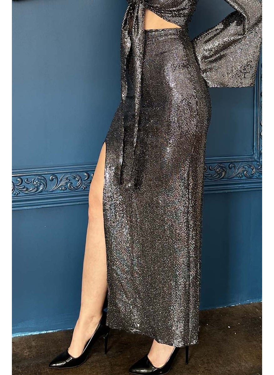 Due Stelle Black Slit Long Shiny Evening Skirt  - Image 1
