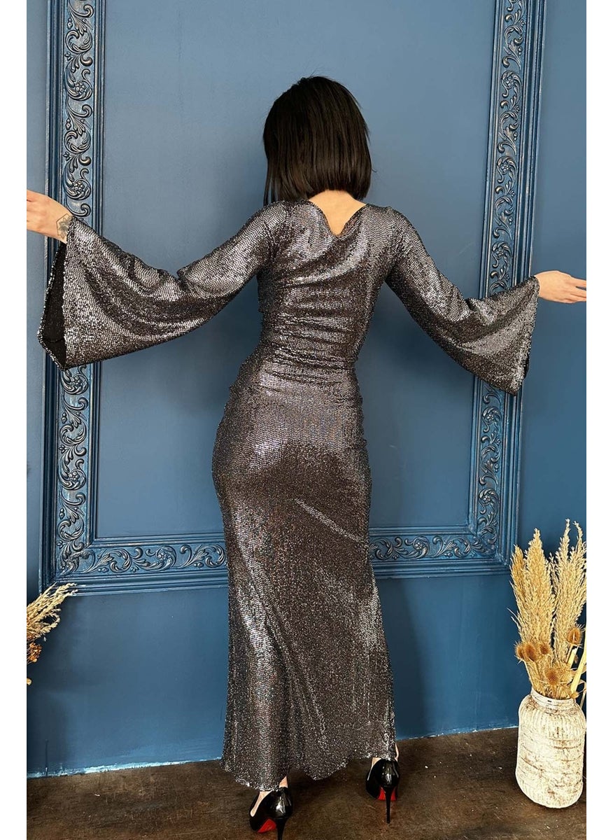 Due Stelle Black Slit Long Shiny Evening Skirt  - Image 3