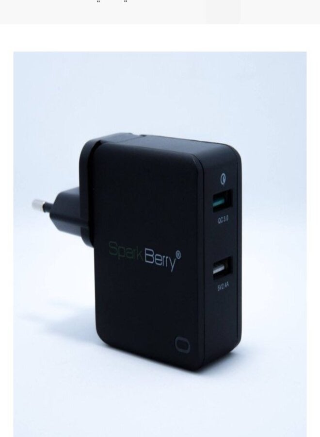 سبارك بيري شاحن جداري ذكي منفذين 30 واط لون اسود  (USB + USB )