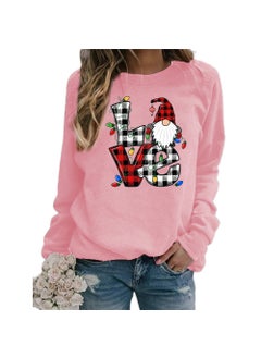Generic Christmas Santa Claus Plaid Love Print round Neck Long Sleeve Sweatshirt Jacket Womens European Size Street Style Polyester Pink 