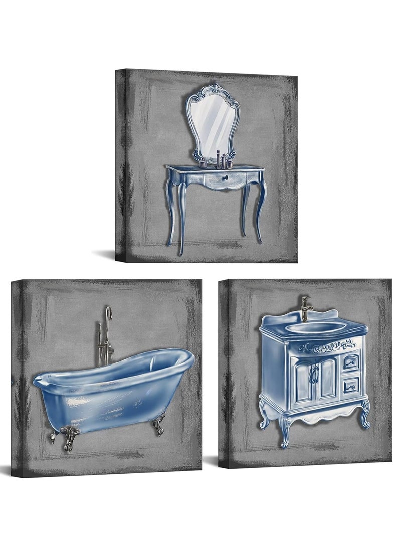 مؤسسة فكرة اليوم مجموعة من 3 لوحات فنية تجريدية لجدار الحمام من Today Idea | لوحة فنية مؤطرة لحوض الاستحمام وحوض الغسيل | رمادي وأزرق، جاهزة للتعليق | 12 × 12 بوصة لديكور الحمام أو غرفة النوم - Image 1