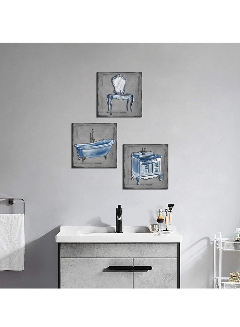 مؤسسة فكرة اليوم مجموعة من 3 لوحات فنية تجريدية لجدار الحمام من Today Idea | لوحة فنية مؤطرة لحوض الاستحمام وحوض الغسيل | رمادي وأزرق، جاهزة للتعليق | 12 × 12 بوصة لديكور الحمام أو غرفة النوم - Image 2
