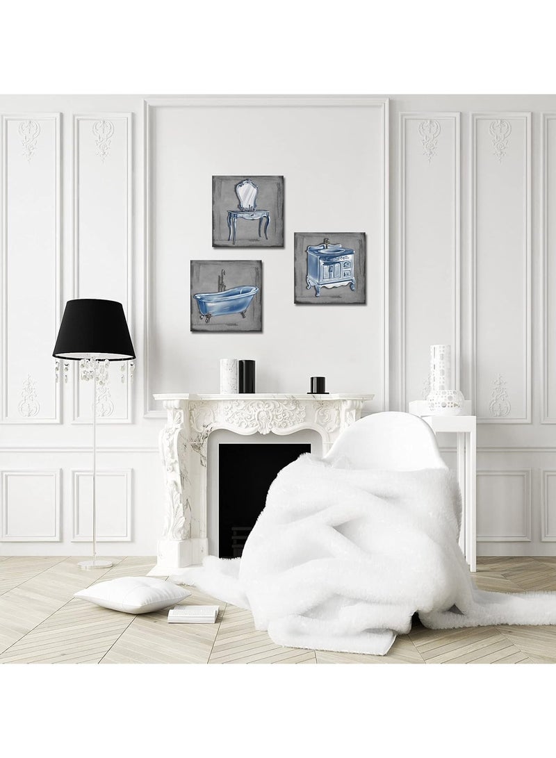 مؤسسة فكرة اليوم مجموعة من 3 لوحات فنية تجريدية لجدار الحمام من Today Idea | لوحة فنية مؤطرة لحوض الاستحمام وحوض الغسيل | رمادي وأزرق، جاهزة للتعليق | 12 × 12 بوصة لديكور الحمام أو غرفة النوم - Image 3