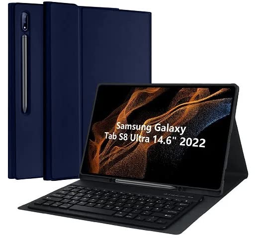 ProElite Detachable Wireless Bluetooth Keyboard flip case Cover for Samsung Galaxy Tab S8 Ultra 14.6 inch SM-X900/ X906, Dark Blue - Image 1