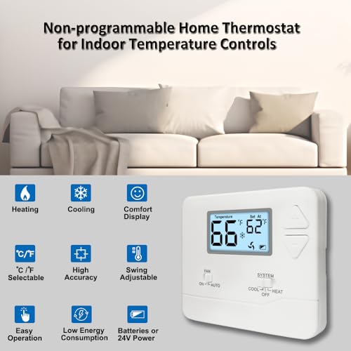 Miuputake NonProgrammable Thermostat for Home, Digital Energy-Saving Thermostat,Single-Stage Systems, 1 Heat/1 Cool, Easy DIY Install, White Backlight - Image 2