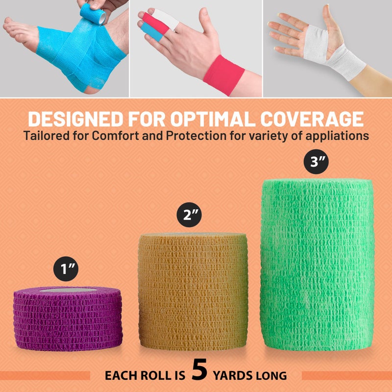 MEDca Self Adherent Cohesive Tape - (6 Count) 1" 2" 3" x 5 Yards Combo Pack, Self Adhesive Bandage Rolls & Sports Athletic Wrap for Ankle, Wrist, Sprains and Swelling, Vet Wraps in Neon Colors - Image 2