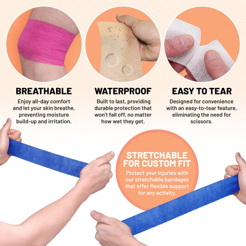 MEDca Self Adherent Cohesive Tape - (6 Count) 1" 2" 3" x 5 Yards Combo Pack, Self Adhesive Bandage Rolls & Sports Athletic Wrap for Ankle, Wrist, Sprains and Swelling, Vet Wraps in Neon Colors - Image 5