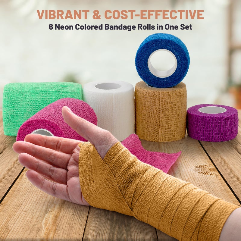 MEDca Self Adherent Cohesive Tape - (6 Count) 1" 2" 3" x 5 Yards Combo Pack, Self Adhesive Bandage Rolls & Sports Athletic Wrap for Ankle, Wrist, Sprains and Swelling, Vet Wraps in Neon Colors - Image 3