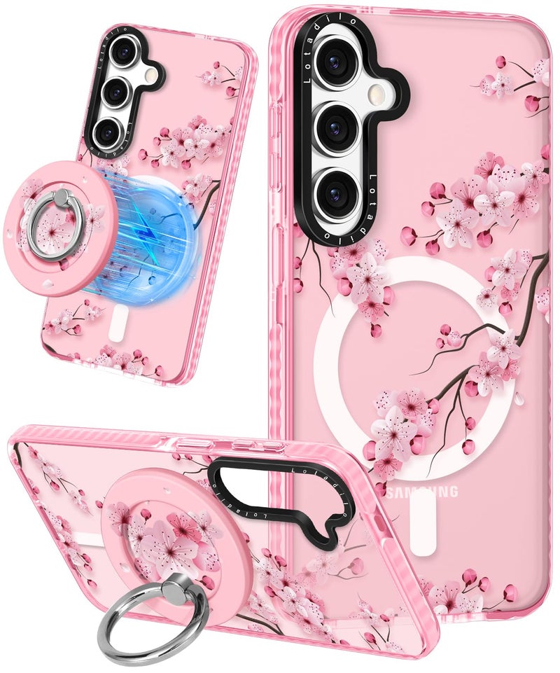 Lotadilo Cute Case for Samsung Galaxy S25 for Women Girls - Funny Peach Blossom Design Compatible with Magsafe Magnetic Ring Holder Kickstand Fashion TPU Phone Covers - Image 1