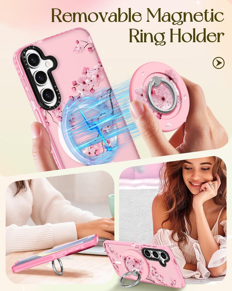 Lotadilo Cute Case for Samsung Galaxy S25 for Women Girls - Funny Peach Blossom Design Compatible with Magsafe Magnetic Ring Holder Kickstand Fashion TPU Phone Covers - Image 4
