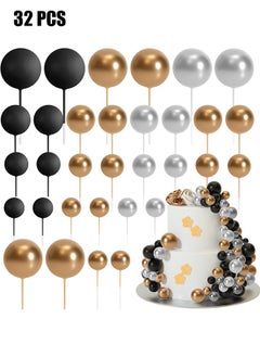HY 32 Pcs Ball Cake Topper Decorations Mini Balloons Cake Topper Sticks Foam Balls Cake Picks Cake Topper Balls Cake Decorations for Wedding Party Birthday Cake Decorations (Gold Silver Black)  - Image 1