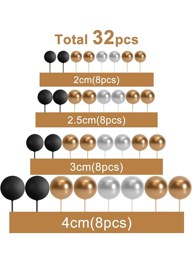 HY 32 Pcs Ball Cake Topper Decorations Mini Balloons Cake Topper Sticks Foam Balls Cake Picks Cake Topper Balls Cake Decorations for Wedding Party Birthday Cake Decorations (Gold Silver Black)  - Image 2