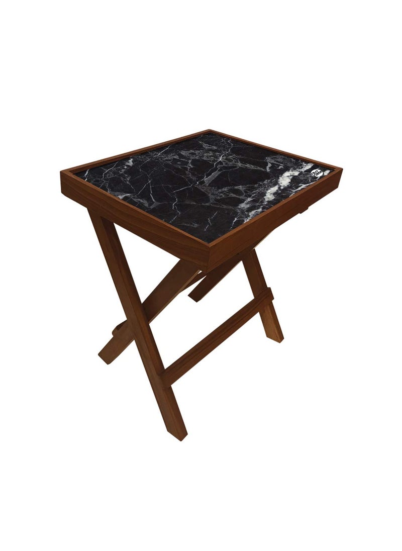 Nutcase Nutcase Designer Teak Wood Side Table Folding Wooden Bedside Coffee Table NOT Real Marble Black Style  - Image 3