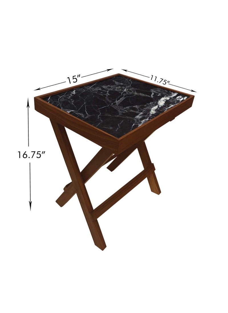Nutcase Nutcase Designer Teak Wood Side Table Folding Wooden Bedside Coffee Table NOT Real Marble Black Style  - Image 2