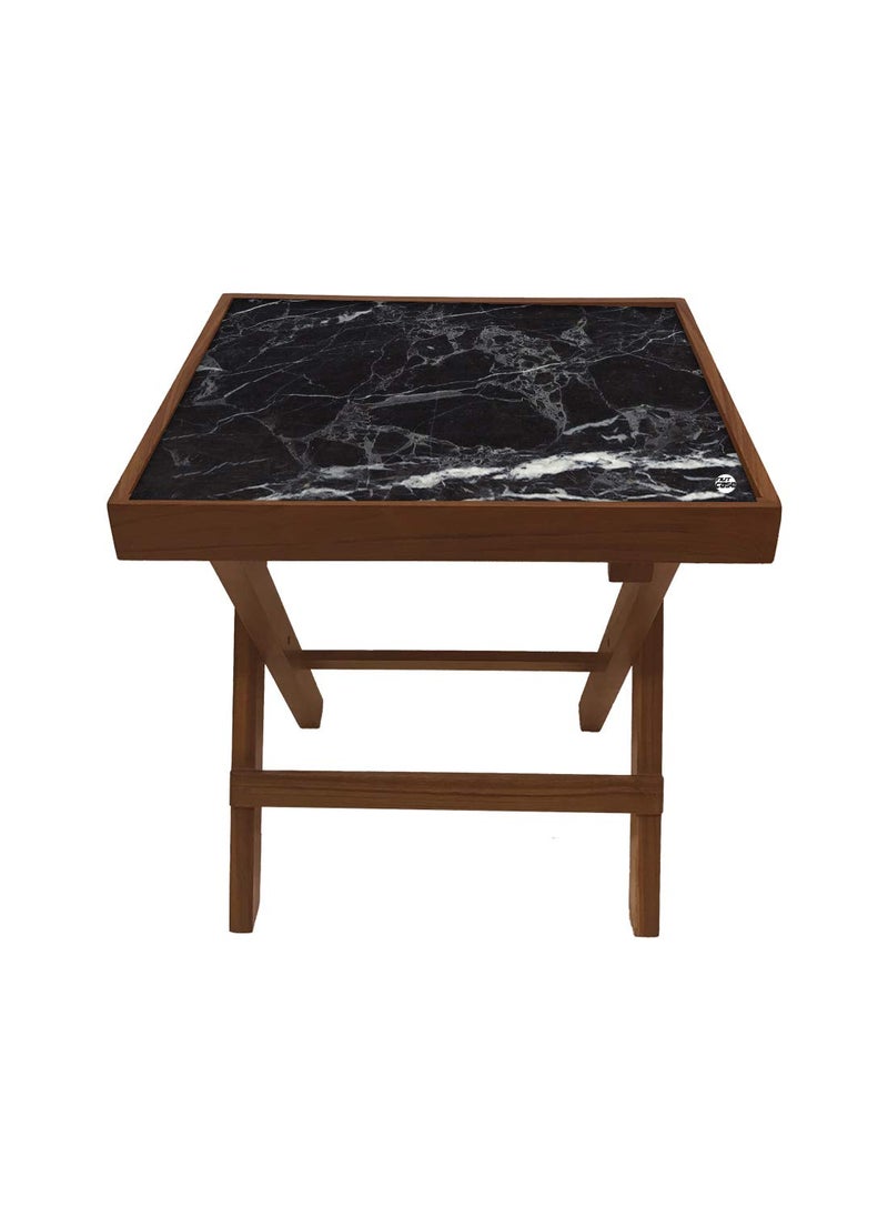 Nutcase Nutcase Designer Teak Wood Side Table Folding Wooden Bedside Coffee Table NOT Real Marble Black Style  - Image 4