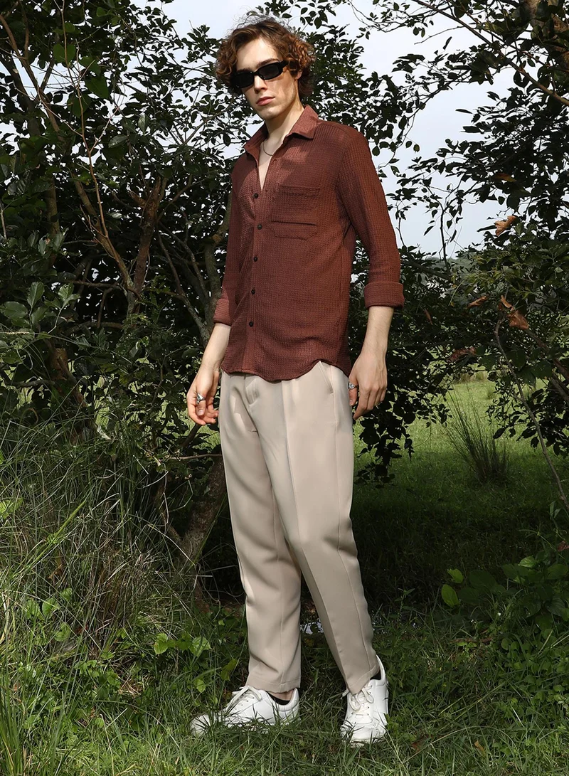 Campus Sutra Men's Chocolate Brown Solid Tactile-Woven Shirt