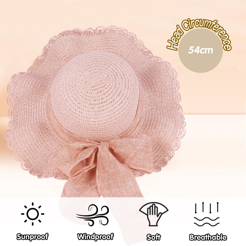 Kunyeah Kids Girl Summer Straw Hat Foldable Wide Brim Cap Sun Visor Hats Sun Protection Beach Hats Bowknot Floppy Cap (Pink) - Image 5
