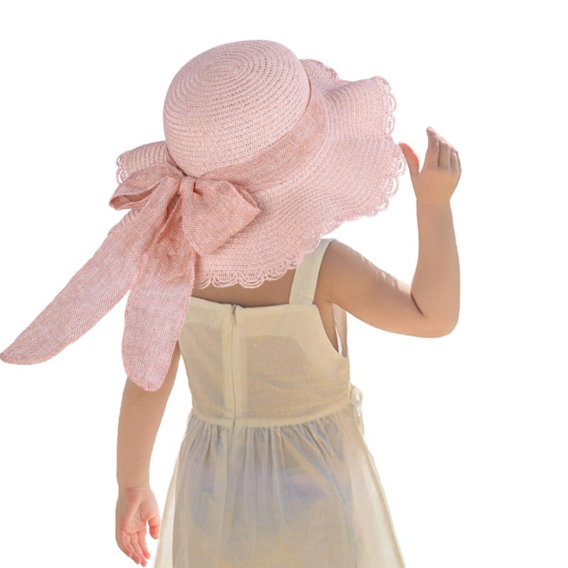 Kunyeah Kids Girl Summer Straw Hat Foldable Wide Brim Cap Sun Visor Hats Sun Protection Beach Hats Bowknot Floppy Cap (Pink) - Image 1