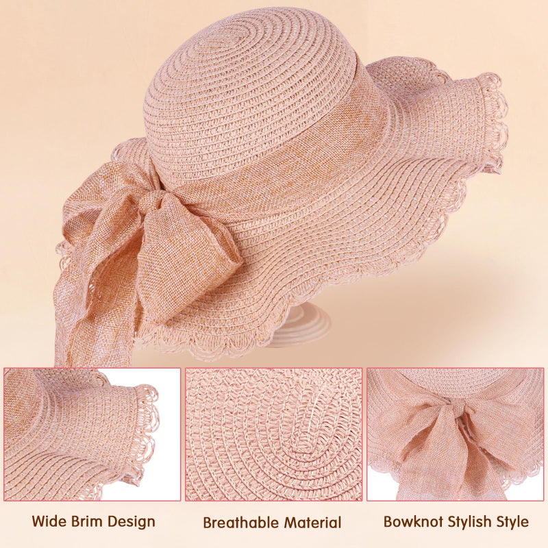 Kunyeah Kids Girl Summer Straw Hat Foldable Wide Brim Cap Sun Visor Hats Sun Protection Beach Hats Bowknot Floppy Cap (Pink) - Image 4