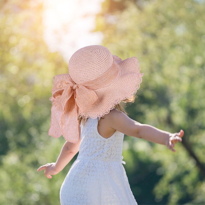 Kunyeah Kids Girl Summer Straw Hat Foldable Wide Brim Cap Sun Visor Hats Sun Protection Beach Hats Bowknot Floppy Cap (Pink) - Image 3