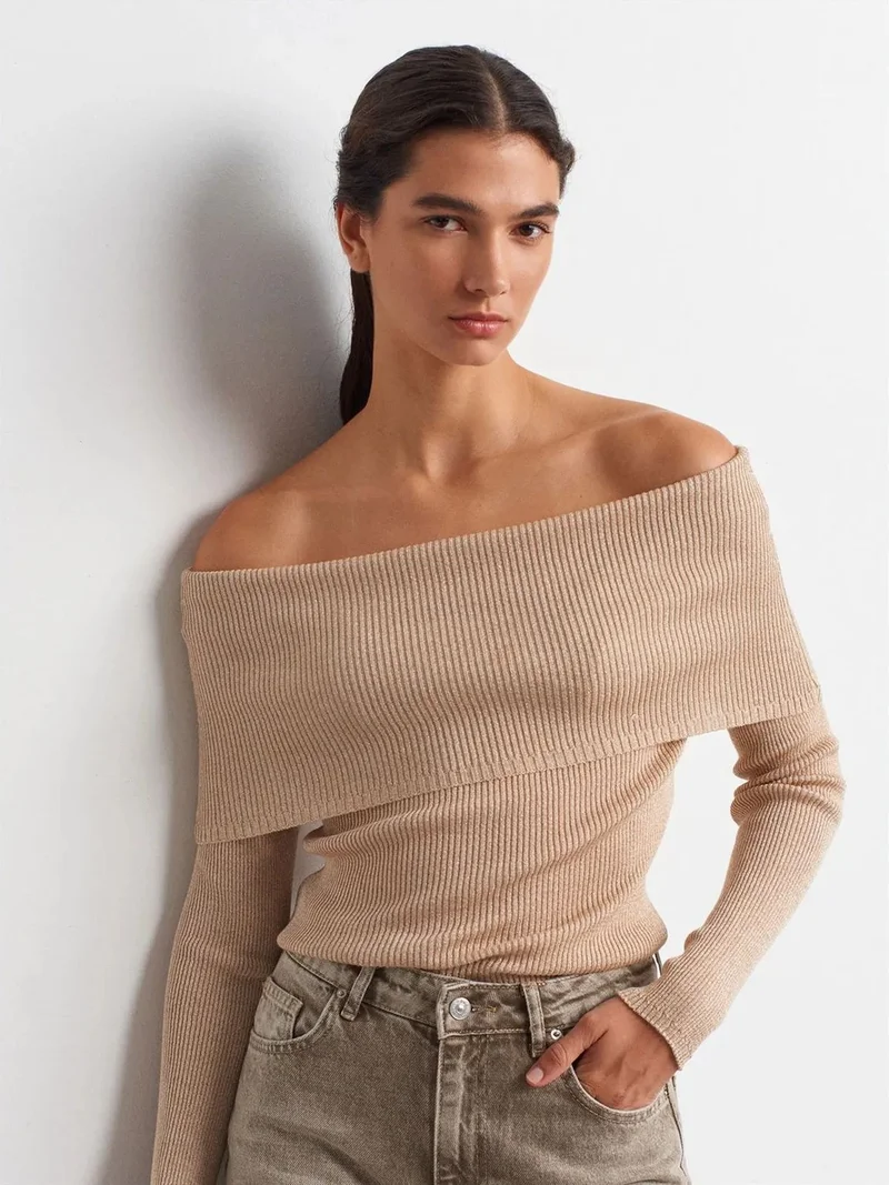 ديلفين Dilvin Fitted Off-Shoulder Ribbed Knit Sweater