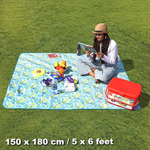 HOKIPO Foldable Picnic Rectangular Blanket Mat With Waterproof Backing For Garden,Beach Camping,Hiking,Travel,Baby Crawl,5X6 Feet,Floral Blue(Ar3919) - Image 2