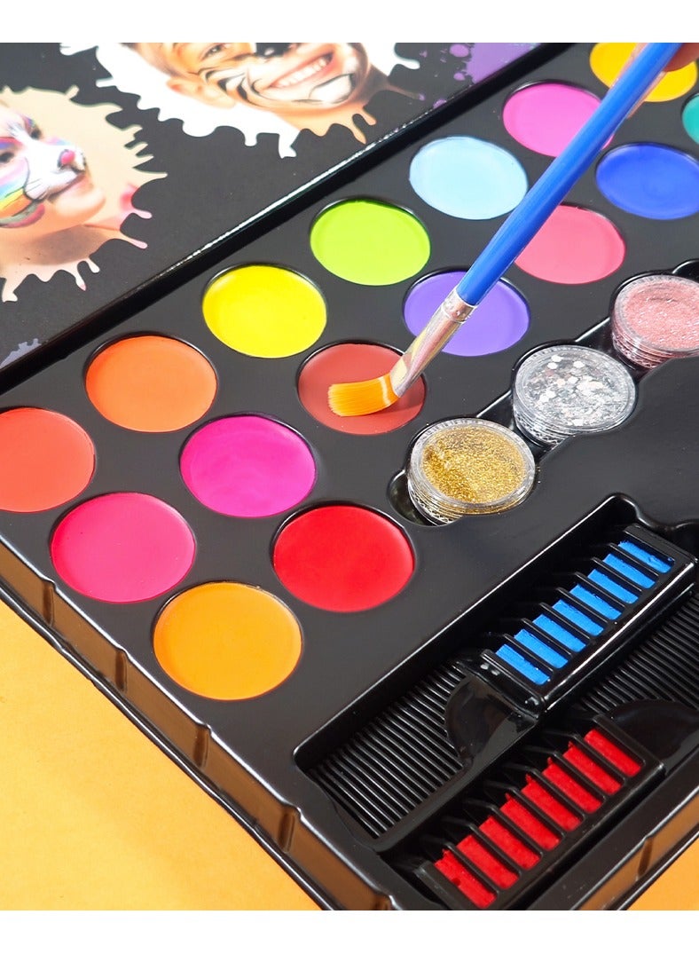 فرحة وسعادة لوحة ألوان رسم الوجه والجسم 20 لون - مجموعة مكياج للمحترفين والكبار والأطفال - ✔ تشمل فرشاة صبغ شعر تستخدم لمرة واحدة + ملصقات وشم مؤقت - Image 2