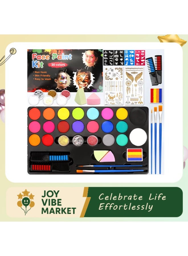 فرحة وسعادة لوحة ألوان رسم الوجه والجسم 20 لون - مجموعة مكياج للمحترفين والكبار والأطفال - ✔ تشمل فرشاة صبغ شعر تستخدم لمرة واحدة + ملصقات وشم مؤقت - Image 1