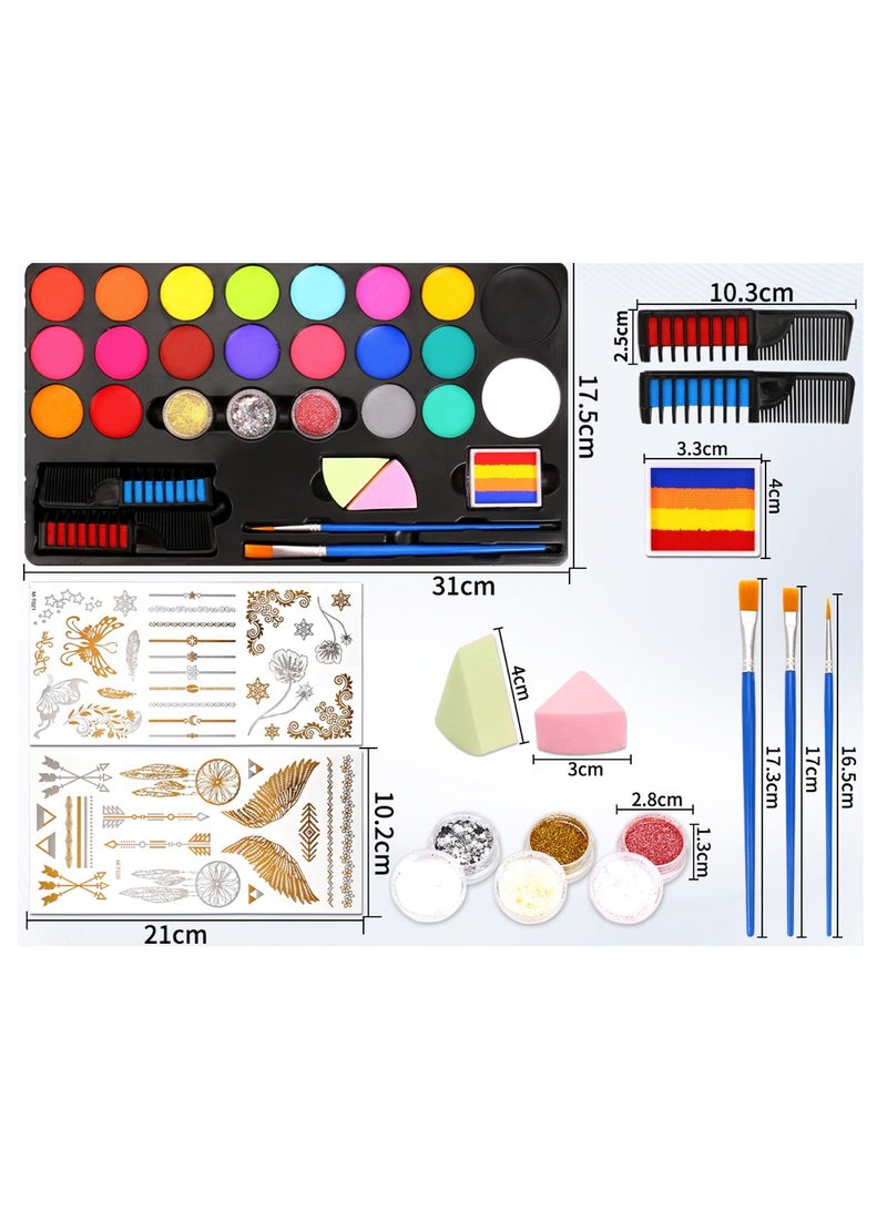 فرحة وسعادة لوحة ألوان رسم الوجه والجسم 20 لون - مجموعة مكياج للمحترفين والكبار والأطفال - ✔ تشمل فرشاة صبغ شعر تستخدم لمرة واحدة + ملصقات وشم مؤقت - Image 4