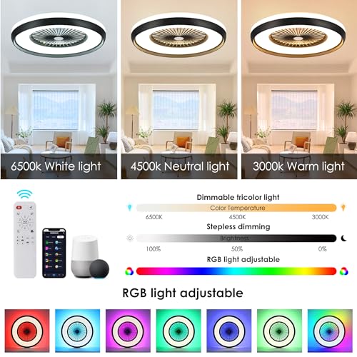 HUMHOLD 24" Low Profile Ceiling Fan with RGB Lights, Bladeless Ceiling Fan with Remote/APP/Voice Control, 6 Speeds Flush Mount Smart Ceiling Fan for Kids Bedroom/Kitchen/Dining Room - Image 3