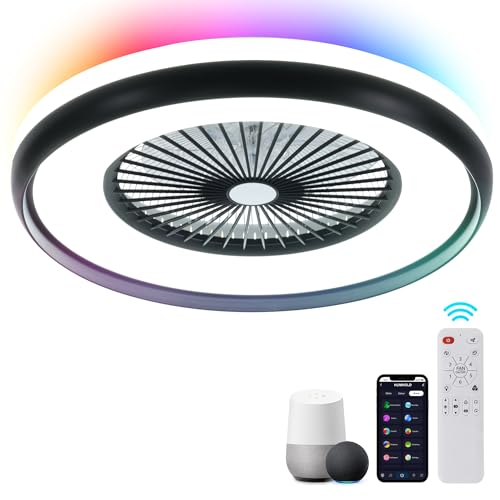 HUMHOLD 24" Low Profile Ceiling Fan with RGB Lights, Bladeless Ceiling Fan with Remote/APP/Voice Control, 6 Speeds Flush Mount Smart Ceiling Fan for Kids Bedroom/Kitchen/Dining Room - Image 1
