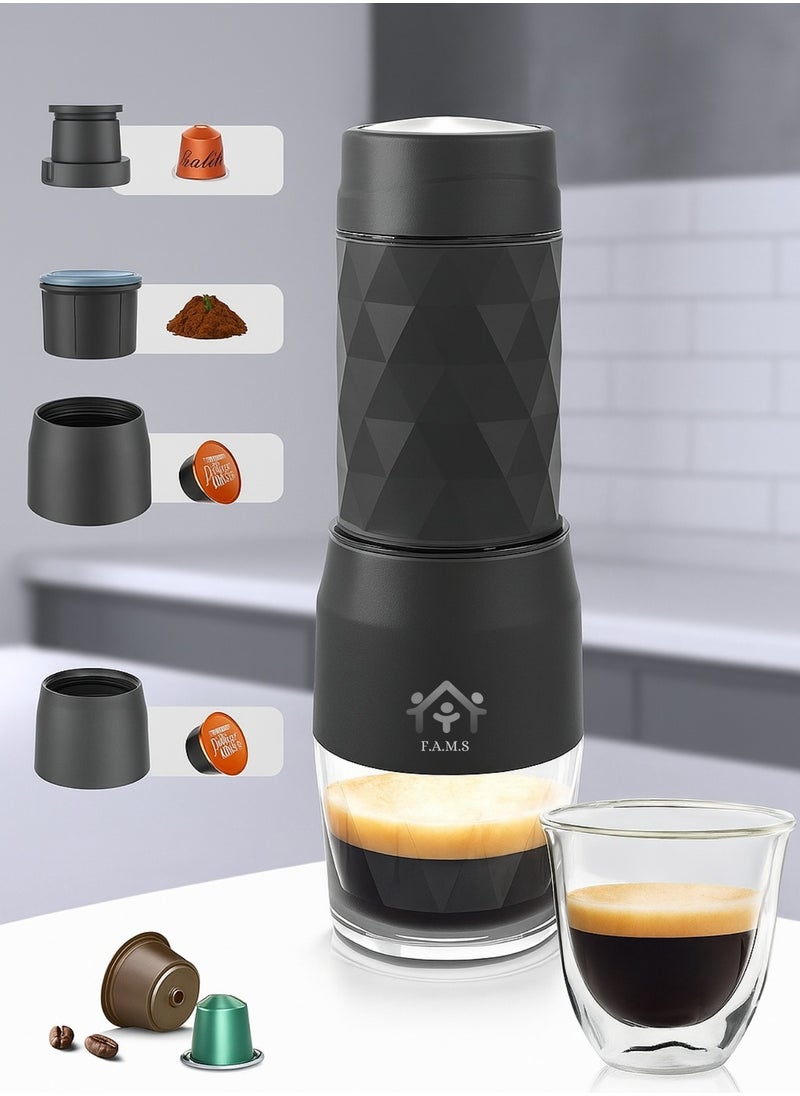 Portable Espresso Maker 3-in-1 – Compatible with Coffee Powder, Nespresso® & Dolce Gusto® Capsules – Manual Hand Press Coffee Machine with Full Accessory Set – No Battery or Electricity Needed (Black)