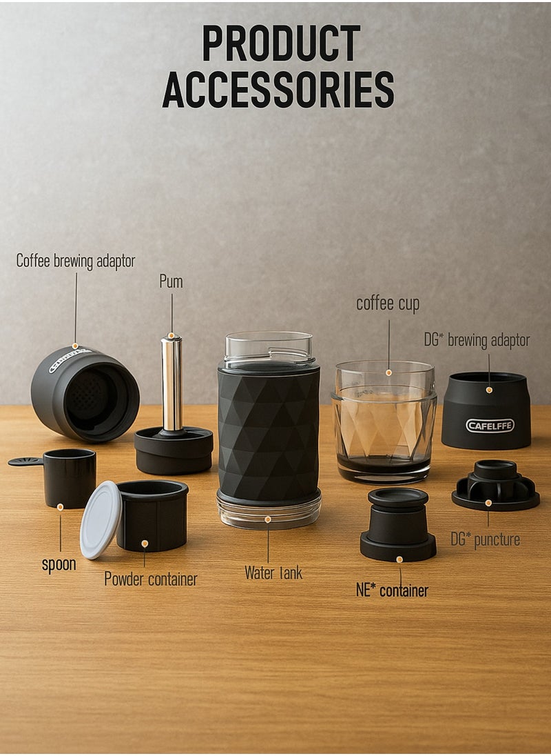 Portable Espresso Maker 3-in-1 – Compatible with Coffee Powder, Nespresso® & Dolce Gusto® Capsules – Manual Hand Press Coffee Machine with Full Accessory Set – No Battery or Electricity Needed (Black)