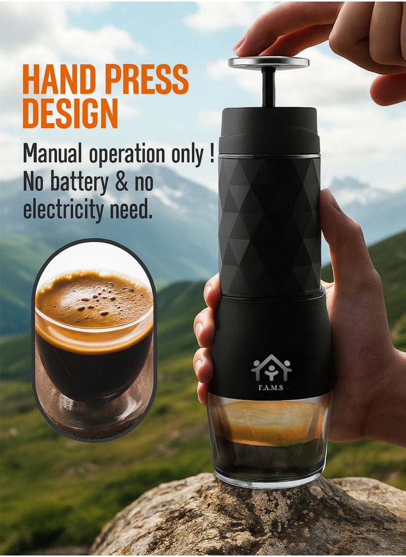 Portable Espresso Maker 3-in-1 – Compatible with Coffee Powder, Nespresso® & Dolce Gusto® Capsules – Manual Hand Press Coffee Machine with Full Accessory Set – No Battery or Electricity Needed (Black)