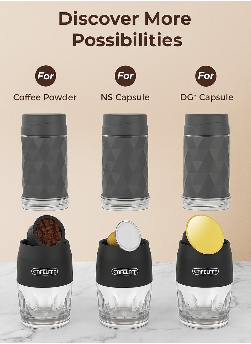 Portable Espresso Maker 3-in-1 – Compatible with Coffee Powder, Nespresso® & Dolce Gusto® Capsules – Manual Hand Press Coffee Machine with Full Accessory Set – No Battery or Electricity Needed (Black)