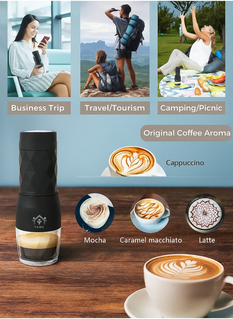 Portable Espresso Maker 3-in-1 – Compatible with Coffee Powder, Nespresso® & Dolce Gusto® Capsules – Manual Hand Press Coffee Machine with Full Accessory Set – No Battery or Electricity Needed (Black)