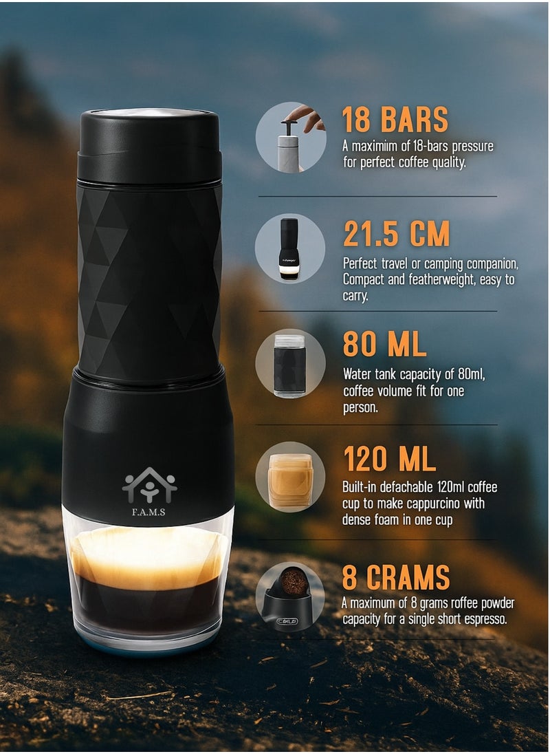 Portable Espresso Maker 3-in-1 – Compatible with Coffee Powder, Nespresso® & Dolce Gusto® Capsules – Manual Hand Press Coffee Machine with Full Accessory Set – No Battery or Electricity Needed (Black)
