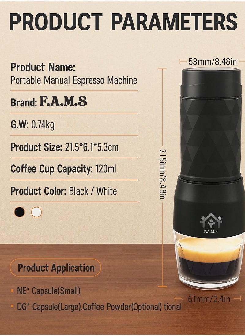 Portable Espresso Maker 3-in-1 – Compatible with Coffee Powder, Nespresso® & Dolce Gusto® Capsules – Manual Hand Press Coffee Machine with Full Accessory Set – No Battery or Electricity Needed (Black)