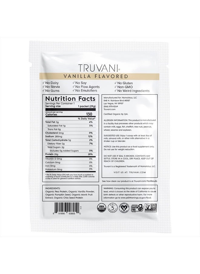 Truvani - Truvani Organic Protein Powder Vanilla Flavored Non GMO,Gluten Free,(1 Serving) 1.02 OZ (29g) - Image 1