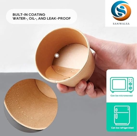 SANWALSA [500 ml, 25 Count, Brown Disposable Kraft Paper Container with Lid | Eco-Friendly Bowl/Tub for Picnic, Travel, Food Truck | Ideal for Both Hot & Cold Food - Image 3