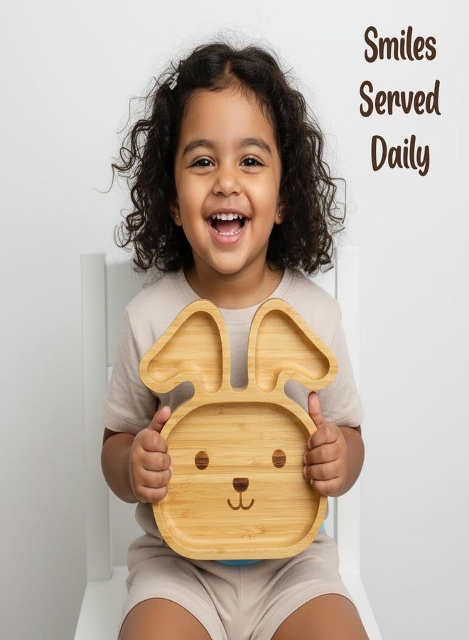 StarKiddo® Bamboo Bunny Suction Plate with Feeding Spoon | 3 Sections | Non-Toxic | Super Strong Suction Cup | Ideal for Baby-Led Weaning and Toddler Self-Feeding | BPA Free (Blue) - Image 2