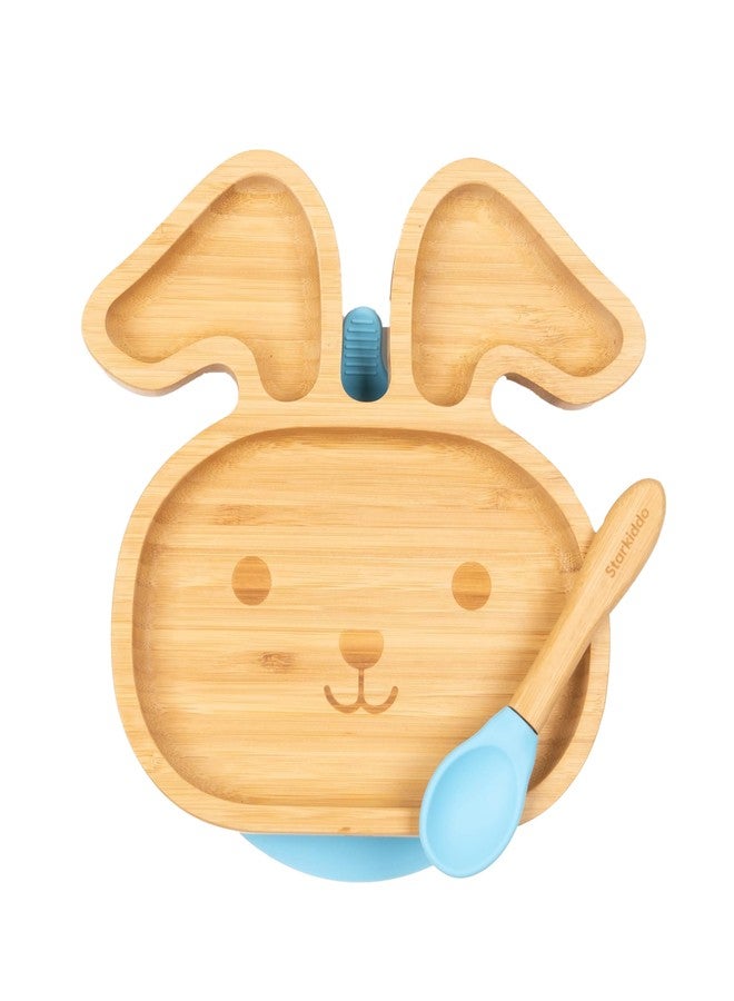 StarKiddo® Bamboo Bunny Suction Plate with Feeding Spoon | 3 Sections | Non-Toxic | Super Strong Suction Cup | Ideal for Baby-Led Weaning and Toddler Self-Feeding | BPA Free (Blue) - Image 1