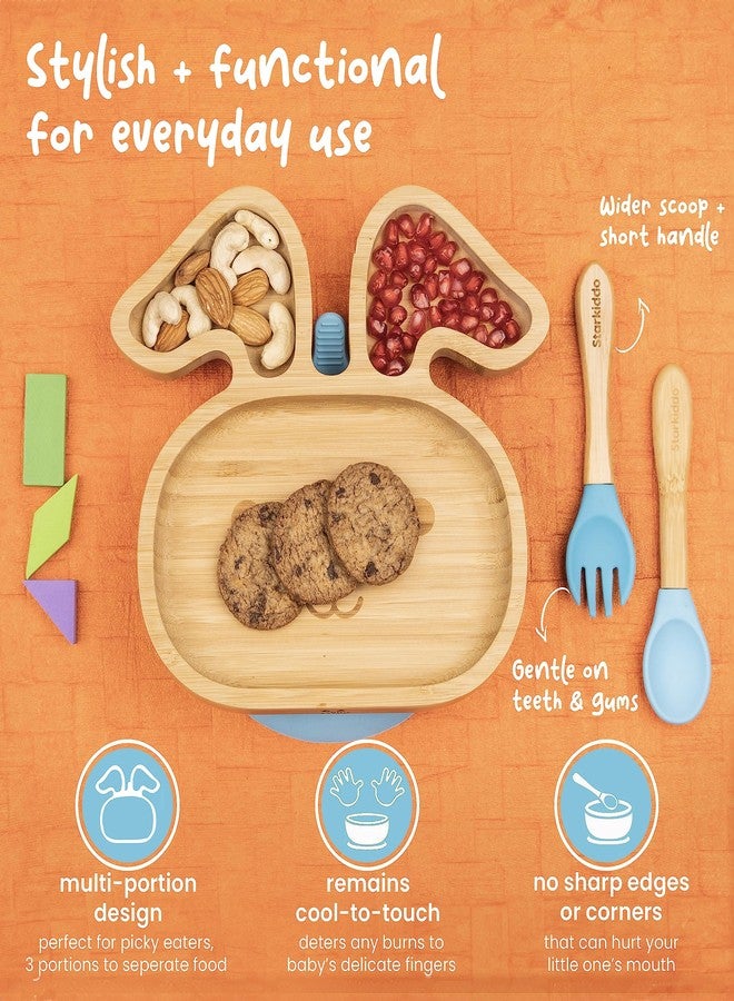 StarKiddo® Bamboo Bunny Suction Plate with Feeding Spoon | 3 Sections | Non-Toxic | Super Strong Suction Cup | Ideal for Baby-Led Weaning and Toddler Self-Feeding | BPA Free (Blue) - Image 4
