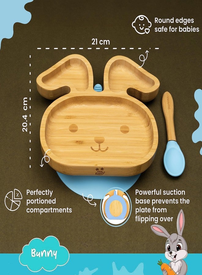 StarKiddo® Bamboo Bunny Suction Plate with Feeding Spoon | 3 Sections | Non-Toxic | Super Strong Suction Cup | Ideal for Baby-Led Weaning and Toddler Self-Feeding | BPA Free (Blue) - Image 3
