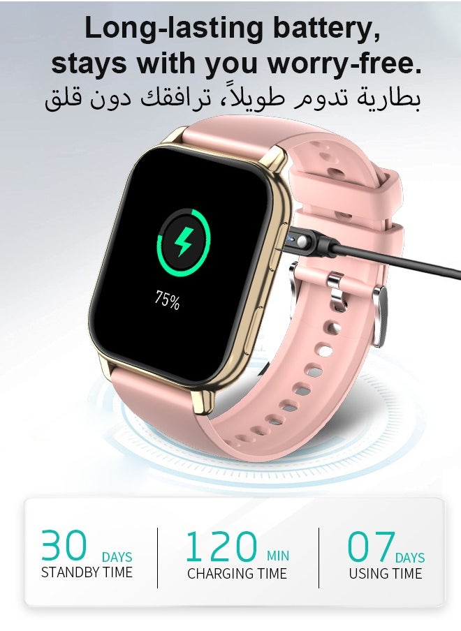 WAPIK - Korean Brand P5S Smart Watch,Business Smartwatch,Waterproof Fitness Watch, Bluetooth Calling,Smart watch for Men, Zinc Alloy Vacuum Plating, Heart Rate Monitoring,Smart watch for women Gold dial + pink strap - Image 1