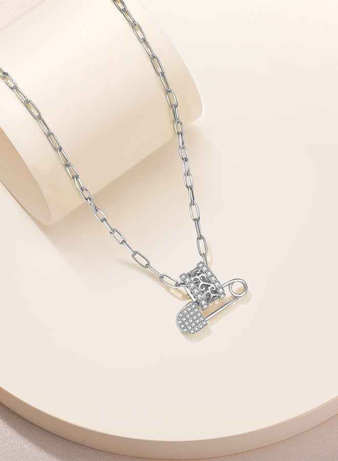 Moonmory 925 Sterling Silver Safety Pin Pendant Necklace For Women White Zircon, Original Design Vine Flower Pendant Necklace With 50 CM Adjustable Paper Cilp Chain Ramadan, Mother's Day, Valentine's Day Gifts - Image 5