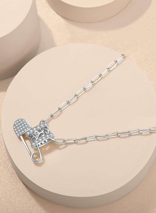 Moonmory 925 Sterling Silver Safety Pin Pendant Necklace For Women White Zircon, Original Design Vine Flower Pendant Necklace With 50 CM Adjustable Paper Cilp Chain Ramadan, Mother's Day, Valentine's Day Gifts - Image 3